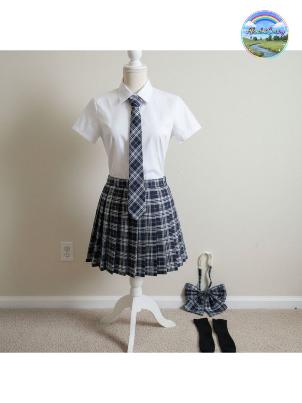 Plaid Pleated Skirt Set with Shirt, Bow Tie, Necktie & Socks